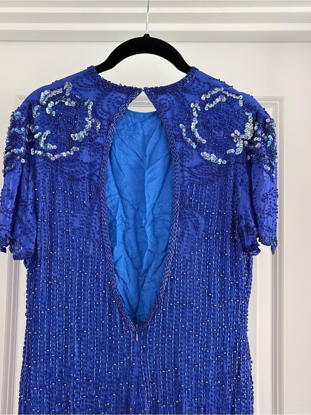 Vintage 80s Scala Paris Blue Beaded Sequin Silk Dress Medium Cocktail Party 90s - Picture 6 of 11